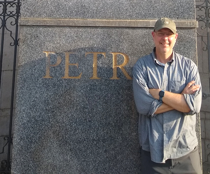 No, this is not a pedestal for my statue, but rather for St. Peter (PETRVS) in Madrid. I managed to block the 'S' and photoshopped out the top of the 'V' peeking out above my right shoulder.